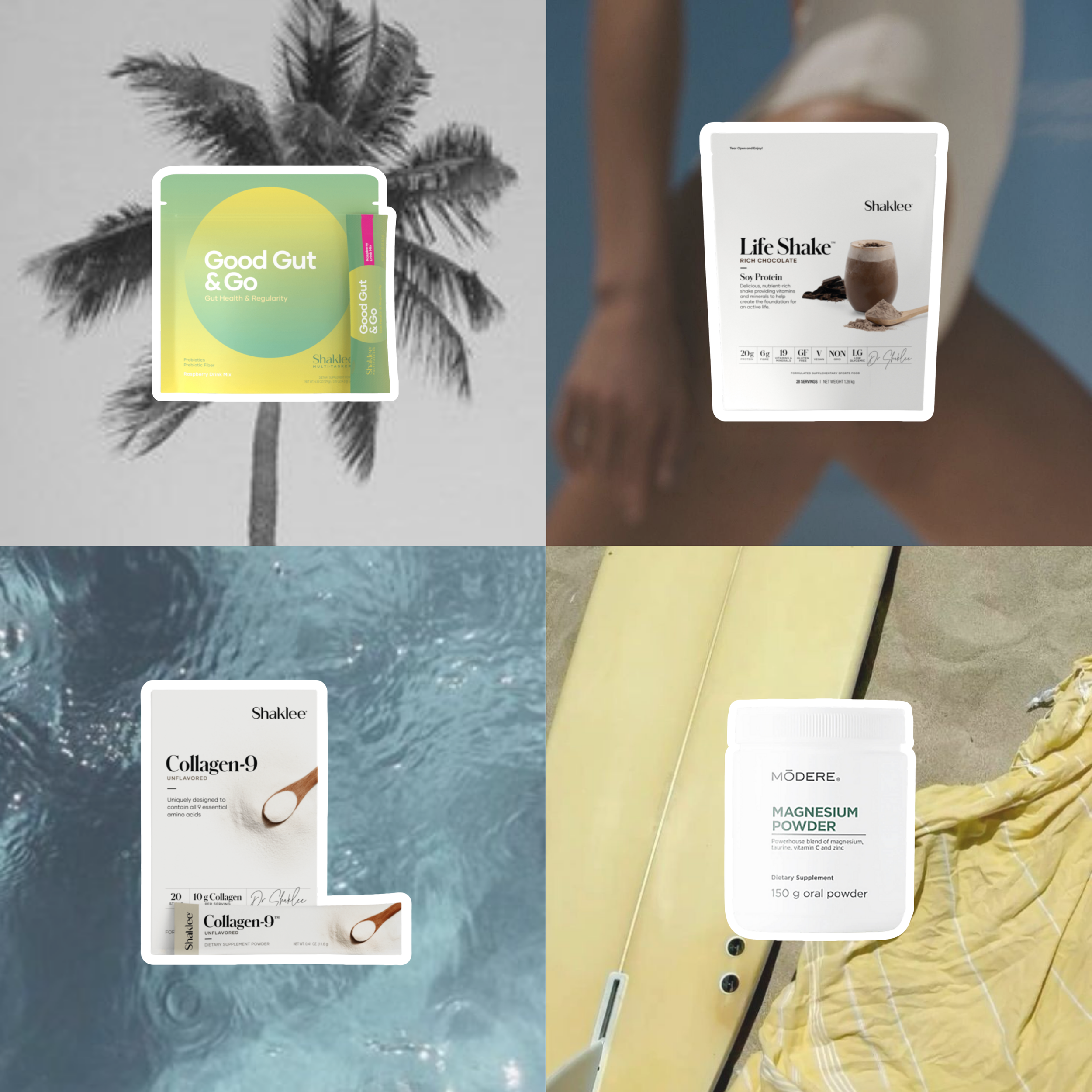 Collage of four health and wellness products: top left has a probiotic packet labeled 'Good Gut & Go' with a background of palm trees, top right shows a packet of 'Life Shake' rich chocolate by Shaklee in front of a person's torso, bottom left displays two boxes of 'Collagen-9' in water with ripples, bottom right is a container of 'Magnesium Powder' by Modere with a surfboard, swimsuit, and beach towel in the background.