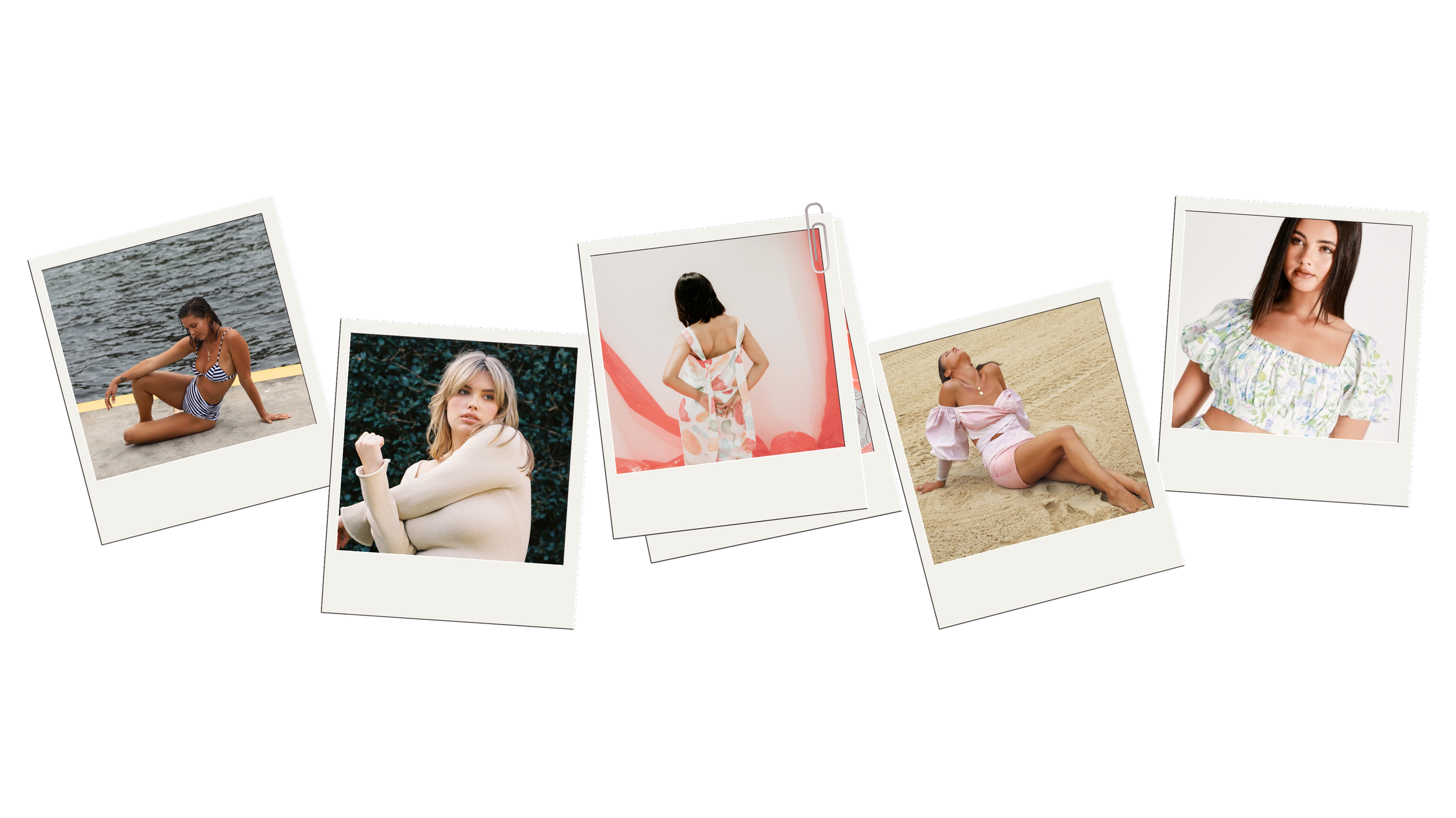 A collection of five Polaroid-style photographs of women in various settings and poses, laid out against a black background.
