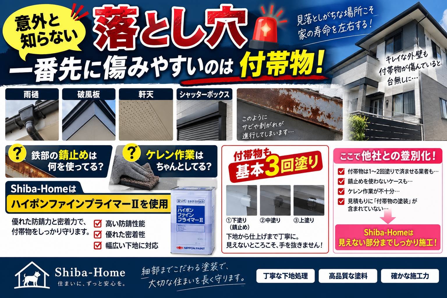 直方市の外壁塗装・屋根塗装｜雨樋・破風板・軒天・シャッターBOXなど付帯部塗装の落とし穴と注意点｜株式会社Shiba-Home