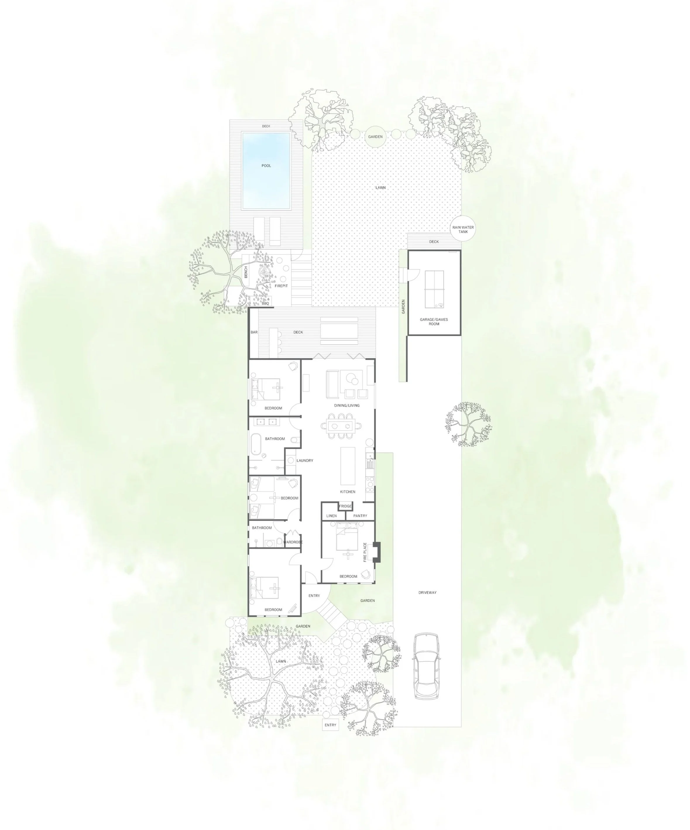 Architectural floor plan of a house with labeled rooms, outdoor pool, decks, garage, garden, lawn, driveway, and surrounding trees.