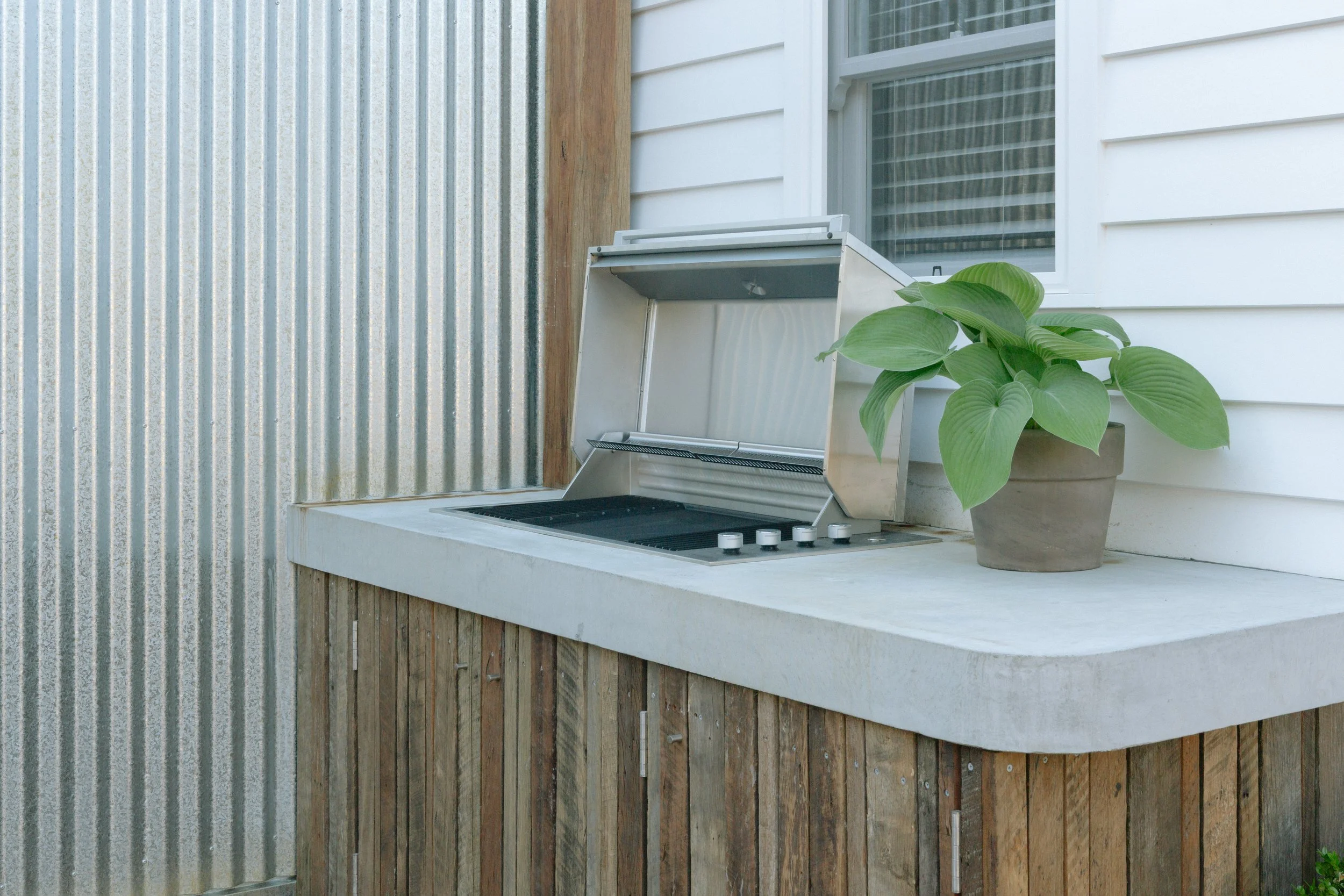 An outdoor kitchen counter with a built-in grill, a potted plant with large green leaves, positioned against a white house siding and a corrugated metal wall.