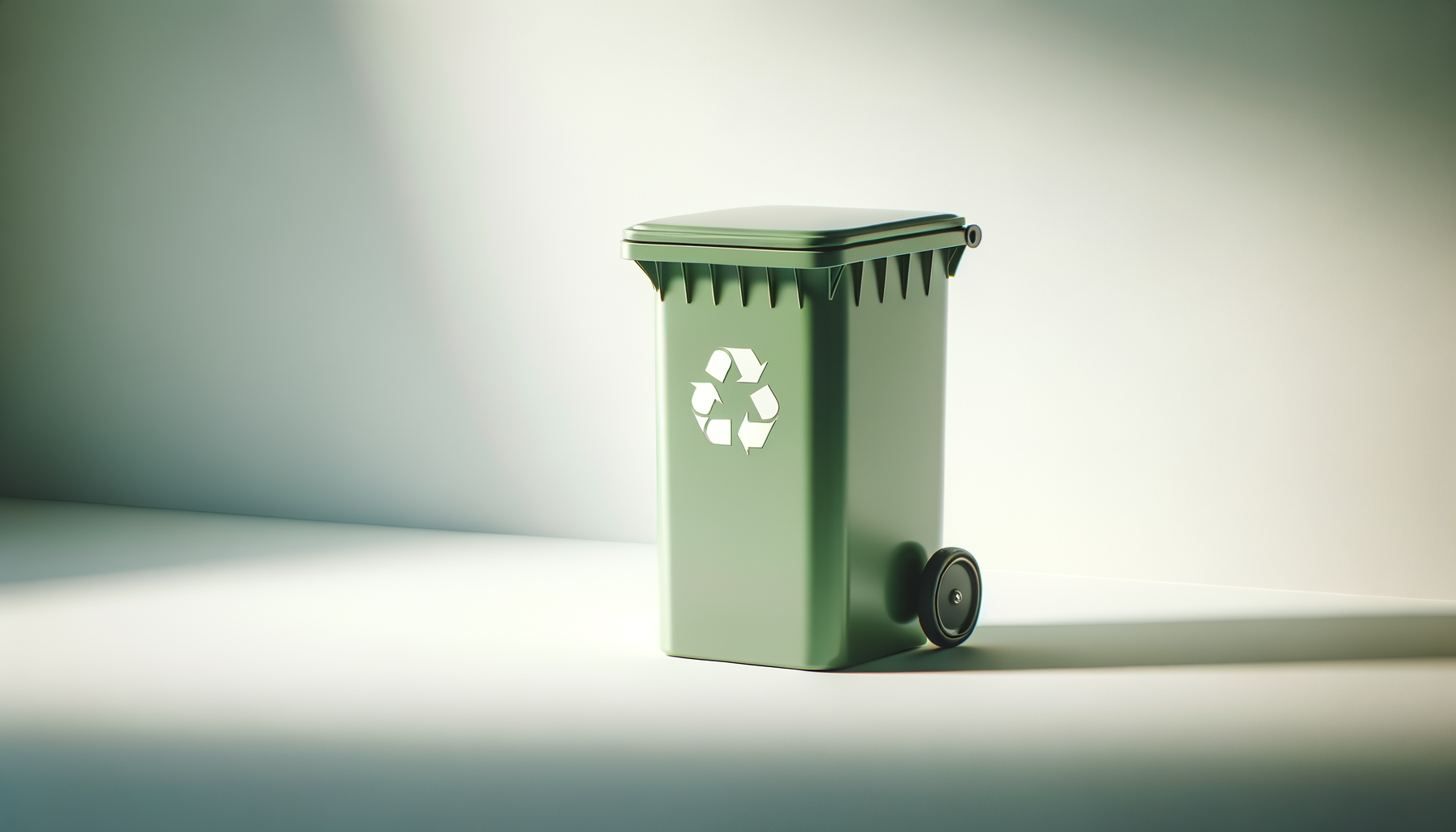 A green recycling trash bin with a recycling symbol on it, set against a light background.