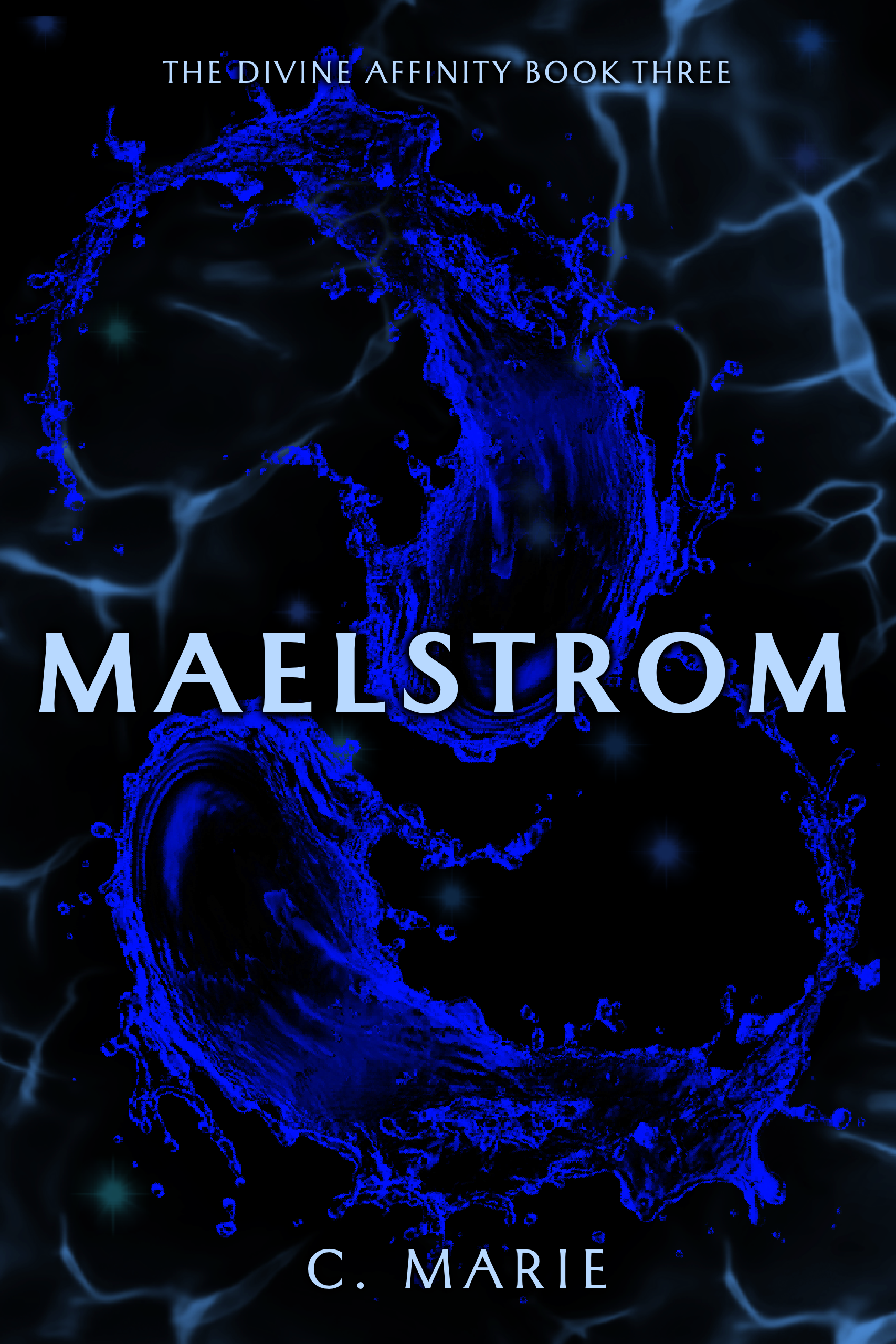 Maelstrom book cover: A black background with deep blue water splashes swirling together
