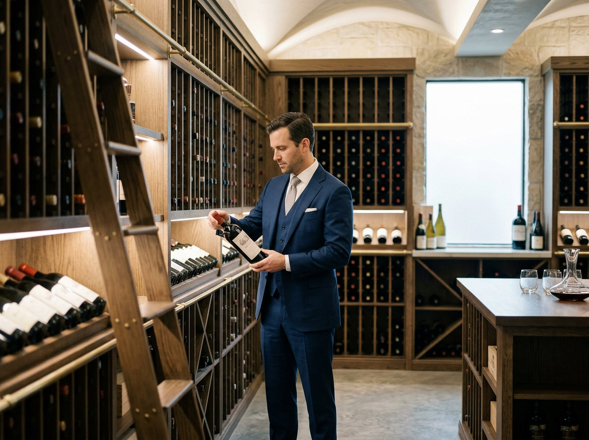 A man in a blue suit is standing in a wine cellar, examining a wine bottle. The cellar has wooden shelves filled with wine bottles, some on racks and some lying flat. There are glasses and a decanter on a table in the background, along with a large window letting in natural light.