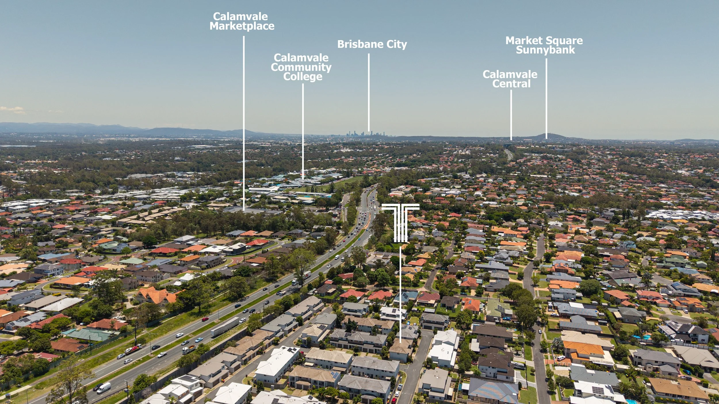 Aerial view of a suburban neighborhood with streets and houses, with labels pointing to Calamvale Marketplace, Calamvale Community College, Brisbane City skyline, Market Square Sunnybank, and Calamvale Central.