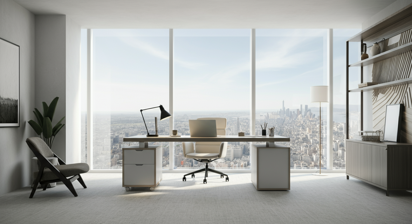 Modern office with a large window view of a city skyline, a white desk, white office chair, a small filing cabinet, a gray lounge chair, a potted plant, a floor lamp, and shelves with decorative items.