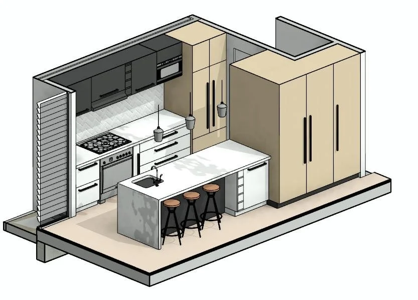 Axonometric View of the joinery design for Lilyfield Terrace House Design in Sydney's Inner West by Goodbrand Architects