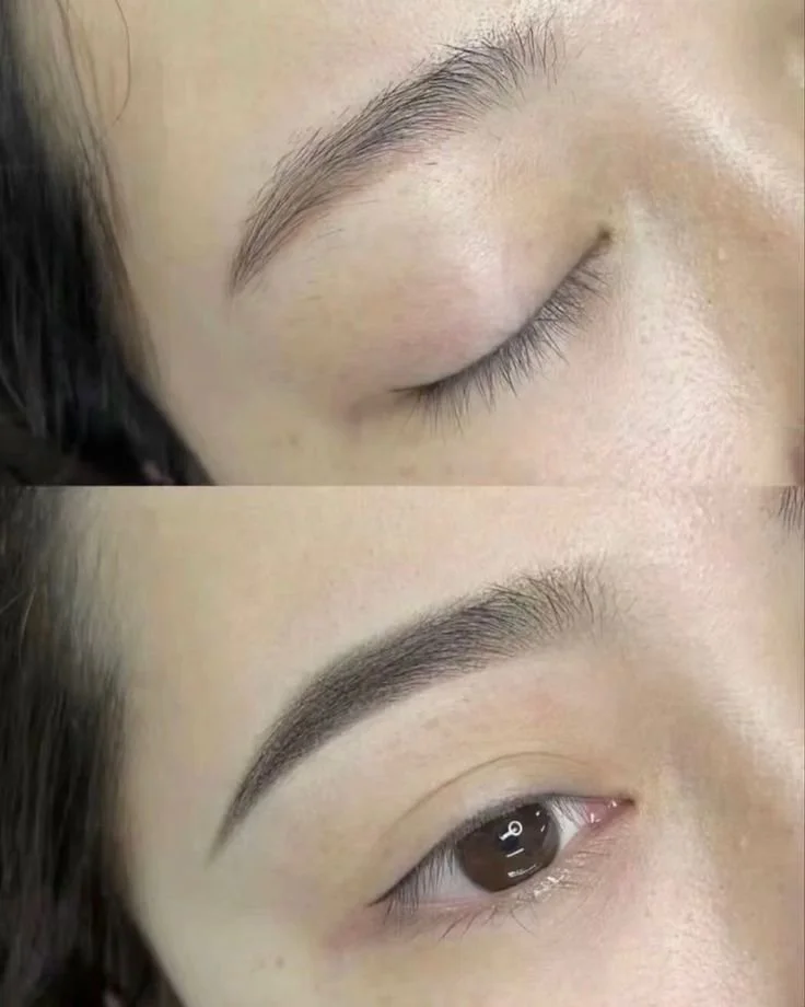 Close-up of a person's eyebrow before and after microblading or eyebrow enhancement, with the top showing a natural brow and the bottom showing a filled-in, defined brow.