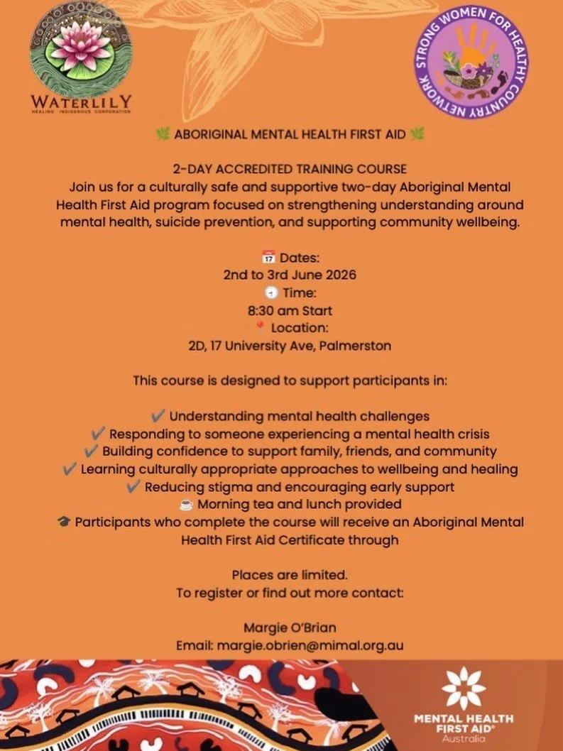 Open to SWHCN members: Aboriginal Mental Health First Aid training happening on Tuesday 2nd &amp; Wednesday 3rd, in Palmerston. 

Get in touch if you would like to attend! 

#happyminds #supporteachother #strongwomen #firstnations #socialandemotional