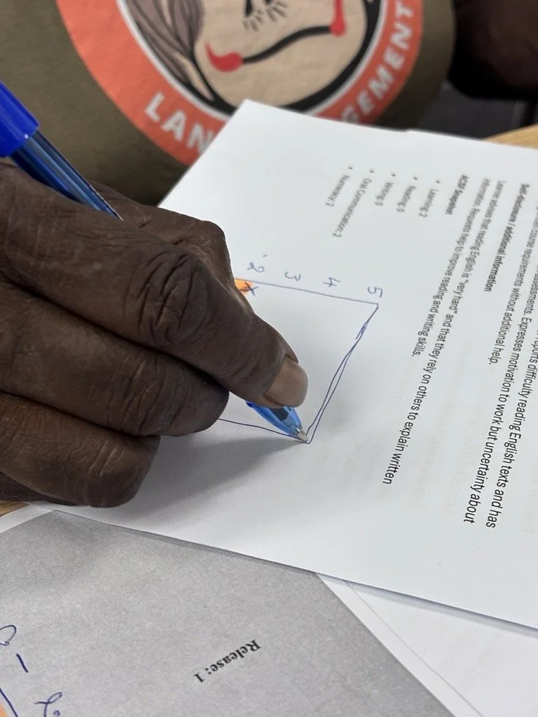 Close-up of a community member’s hand holding a blue pen and marking a diagram on a printed worksheet, with learning materials spread across a table in the background.