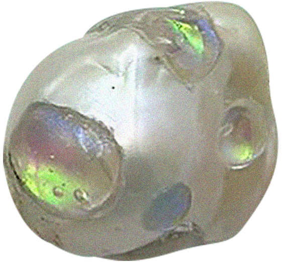 Close-up of a spherical object with reflective surfaces and multicolored highlights.