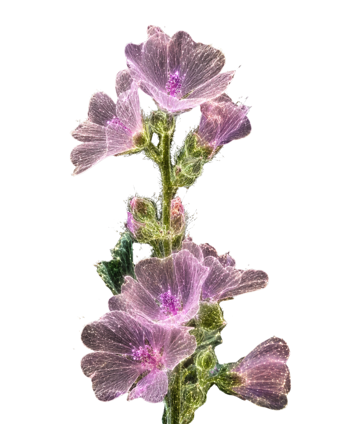 Digital art of a pink and purple flower with translucent, glowing petals on a black background.