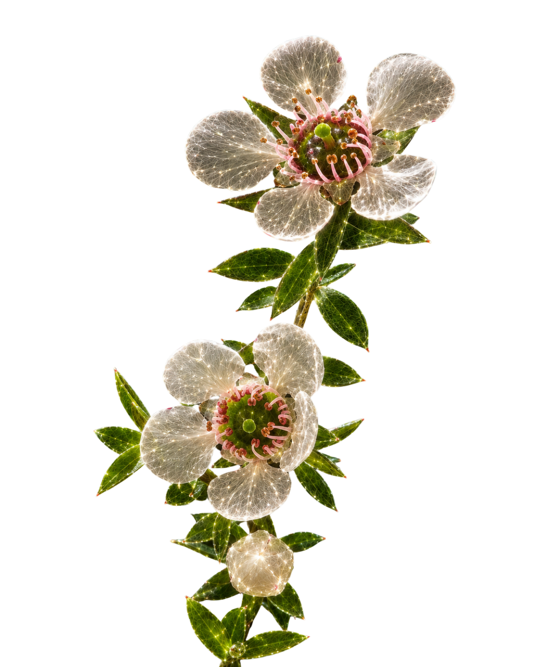 Digital art of a flowering plant with glowing white petals, green leaves, and a red and pink central flower structure on a black background.