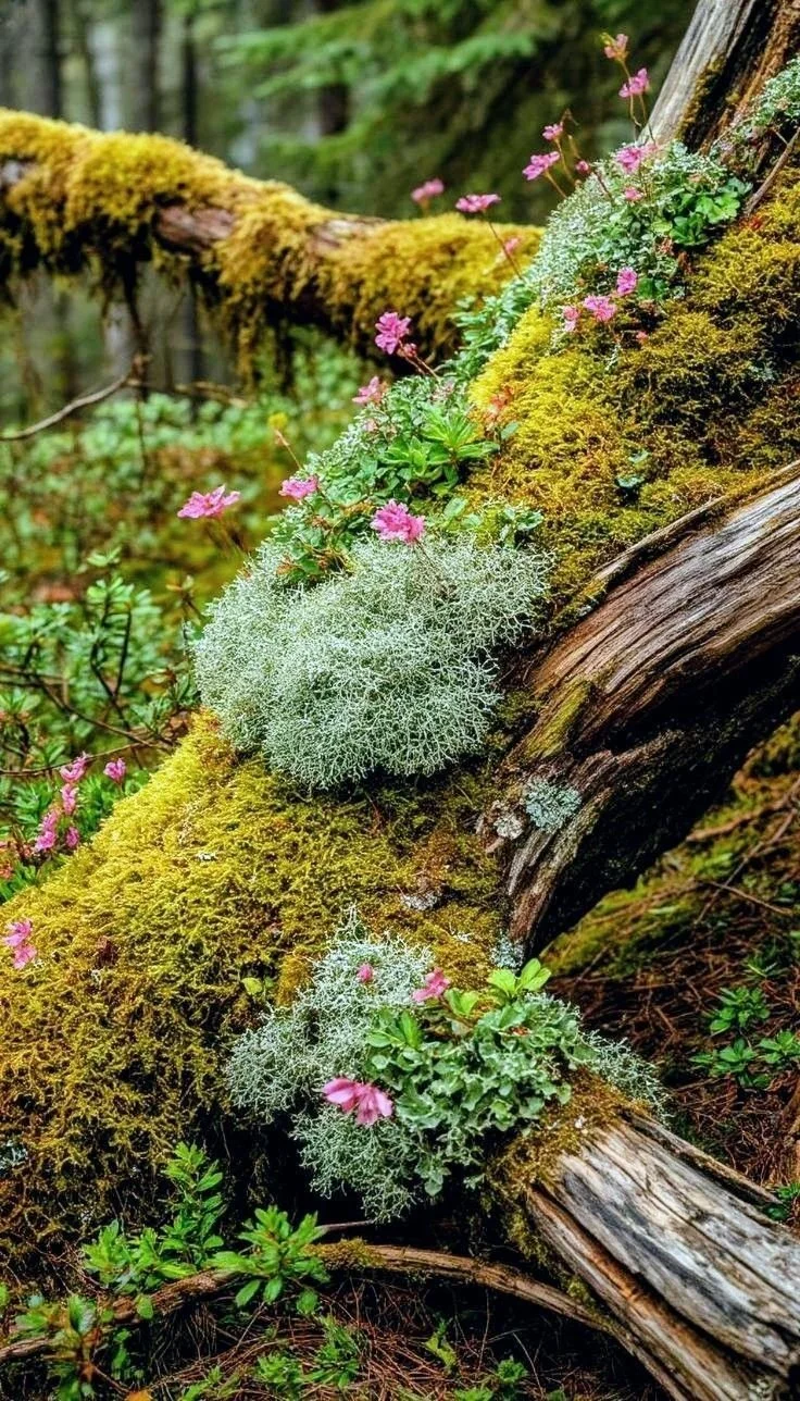 Close-up of moss, lichens, and small pink flowers growing on a fallen tree trunk in a forest.