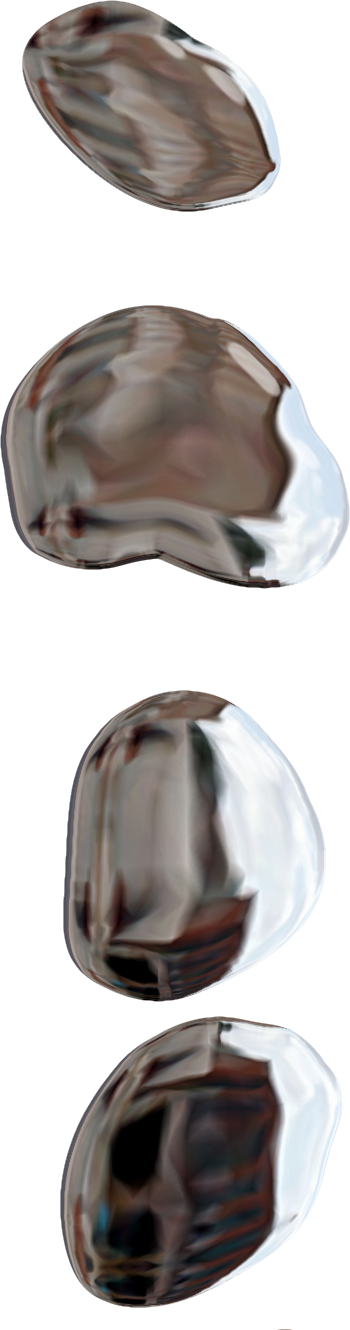 Four metallic, reflective balloons or objects aligned vertically.