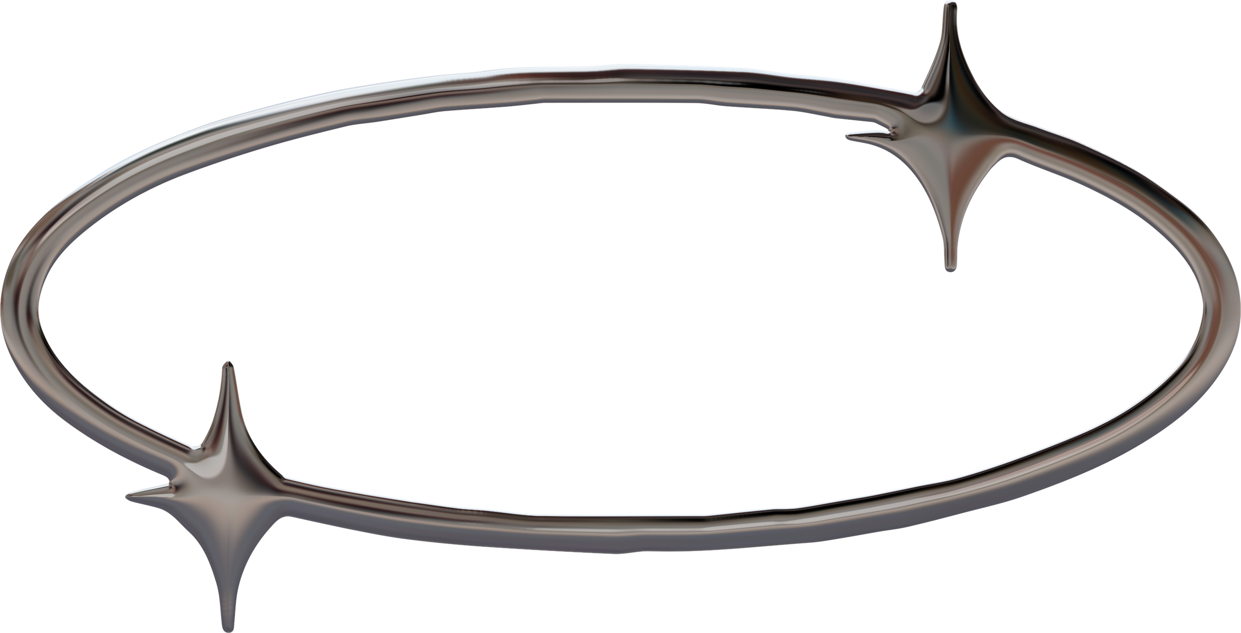 Metallic elongated oval-shaped object with pointed star-like protrusions at both ends and one upward point, resembling a metallic ring or ornament.