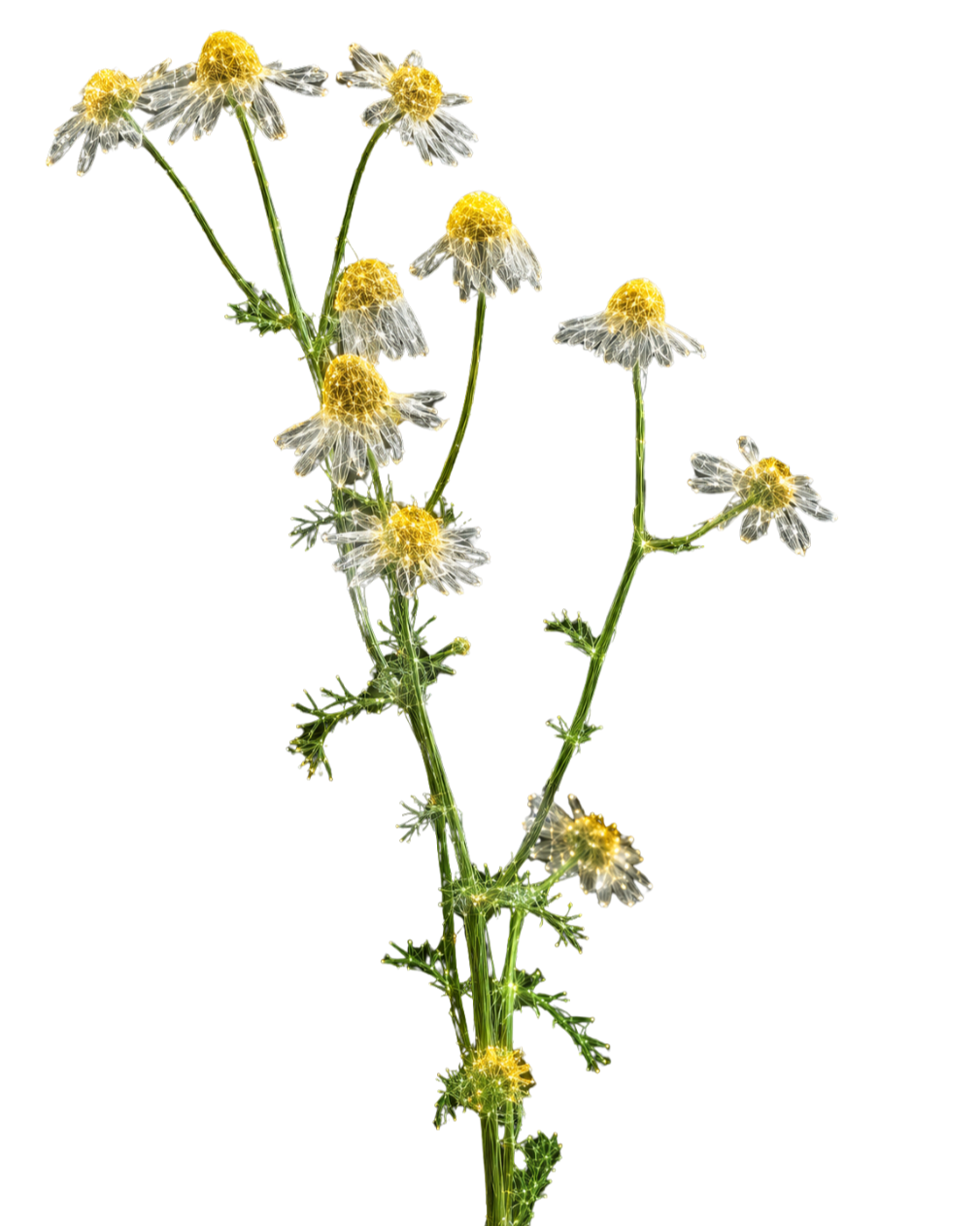 A digitally edited image of a flowering plant with white petals, yellow centers, and green stems, with a radiant, glowing effect.