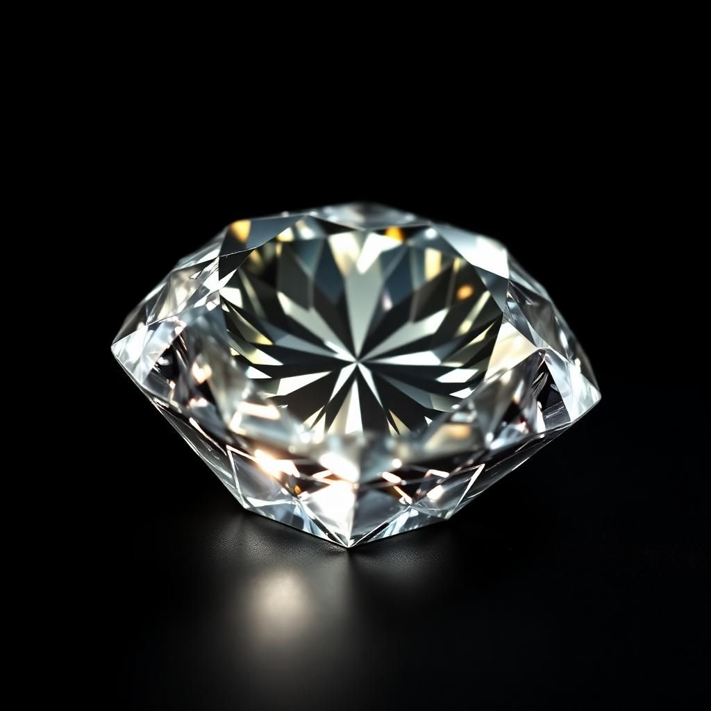 Un diamant brillant posé sur une surface noire, avec des reflets et une coupe brillante.