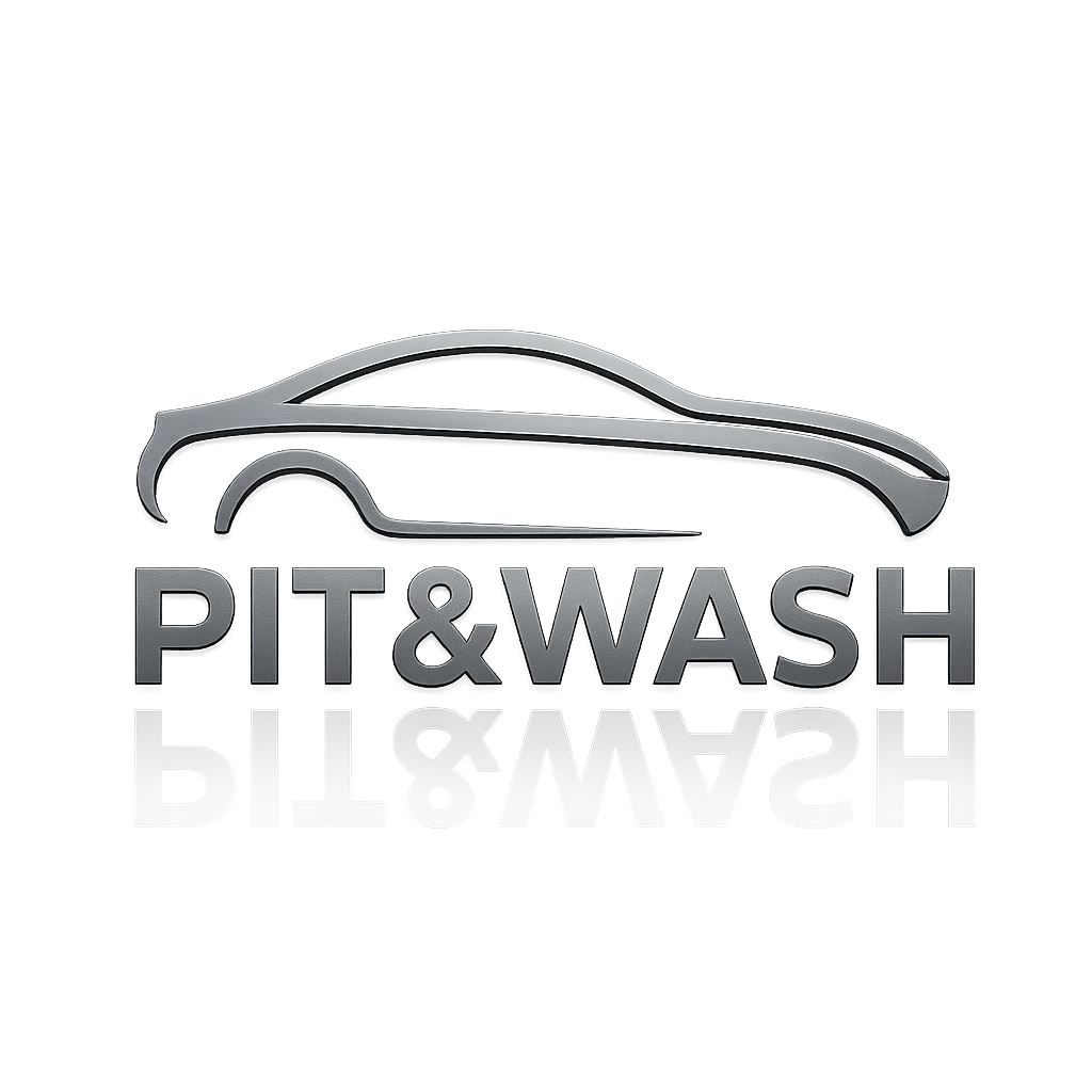 Logo de station de lavage de voiture avec une voiture stylisée et le texte 'PIT & WASH'.