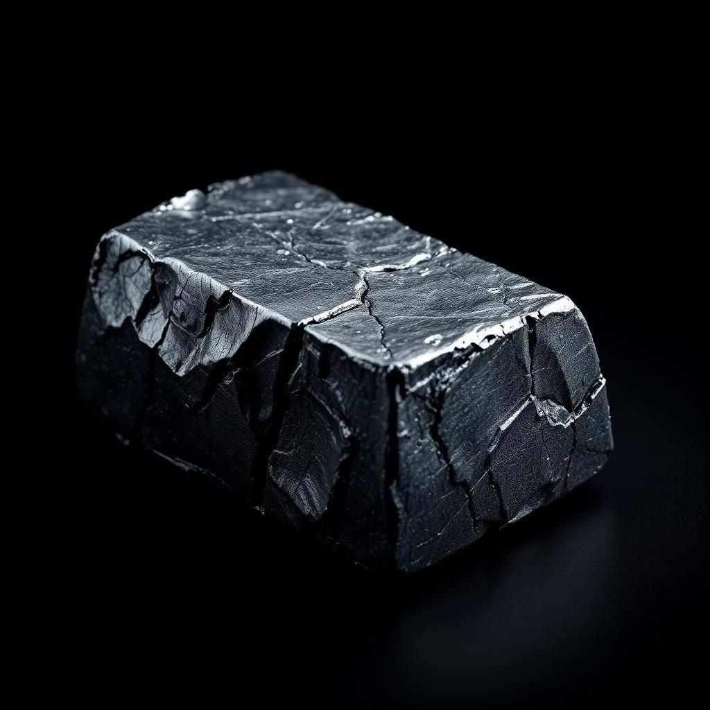 Un bloc de charbon noir présentant des fissures, placé sur un fond noir.