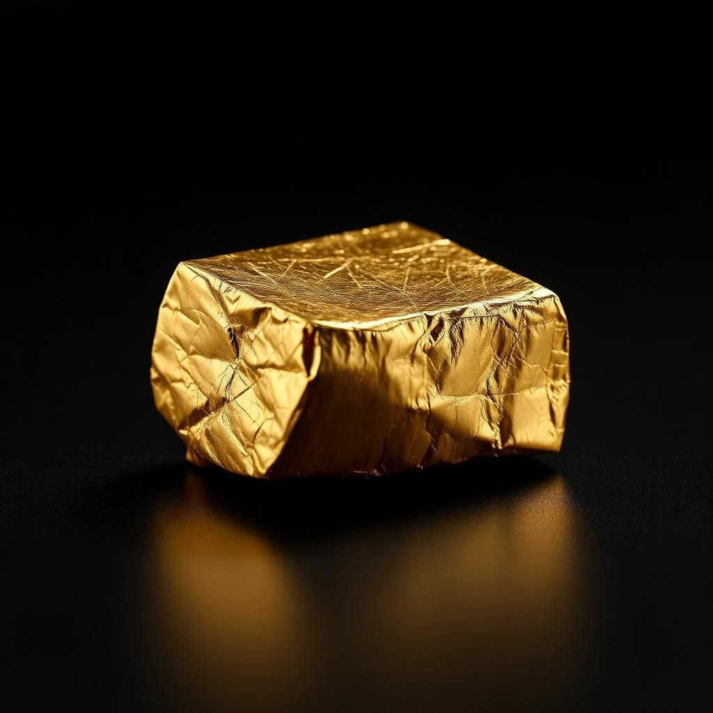 Un carré de chocolat enrobé d'une feuille d'or comestible posé sur un fond noir.