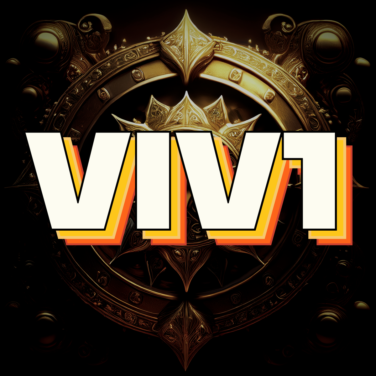 The image features the text "VIV" in bold, stylized letters with orange and yellow shadows, over a dark ornate background with gold accents and intricate designs.