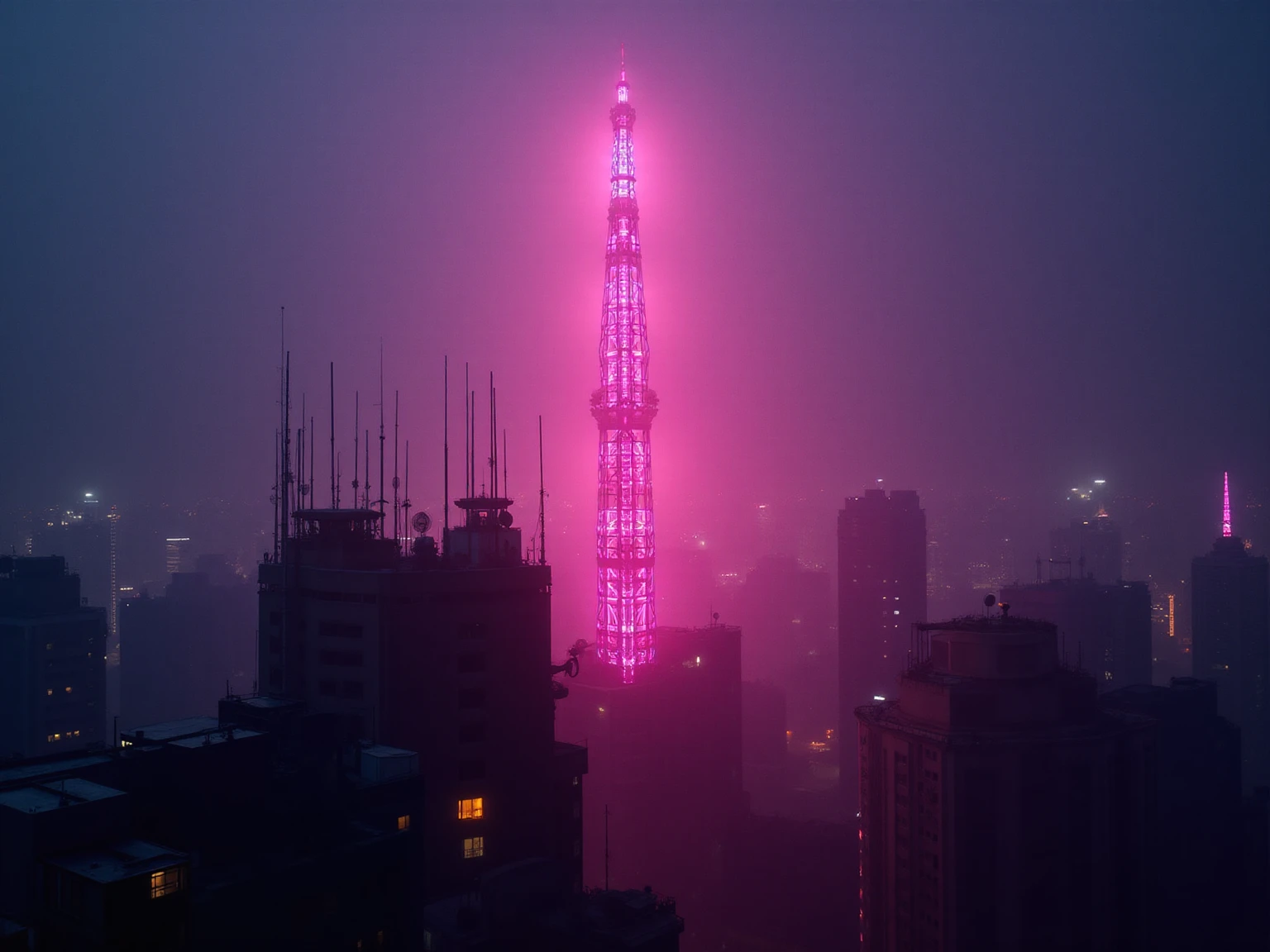 Nighttime cityscape with a prominent tall tower illuminated in pink, surrounded by other high-rise buildings with some lit windows, hazy atmosphere, and city lights in the background.