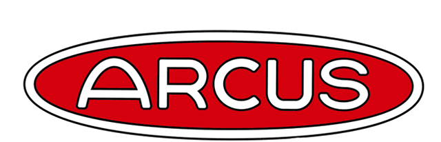 Arcus logo with red oval background and white text