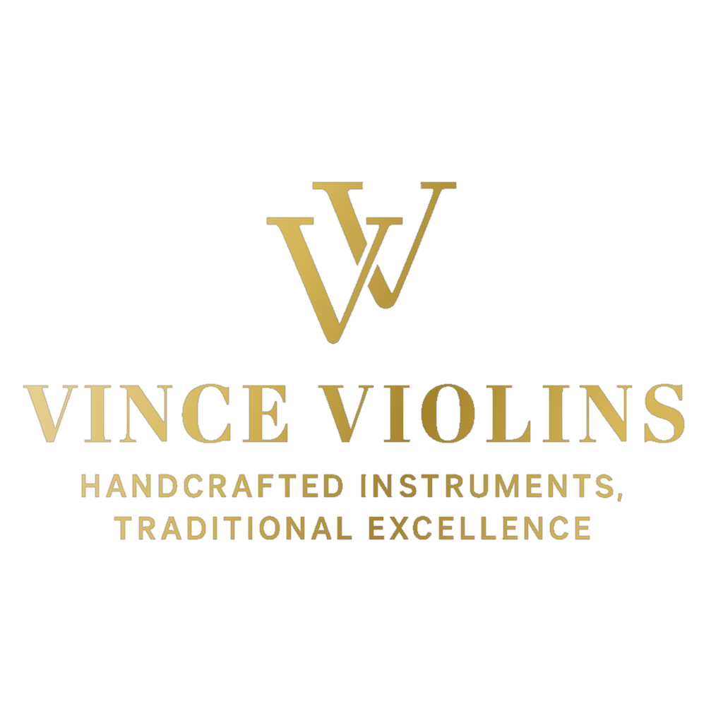 Logo for Vince Violins with gold intertwined initials W and V, and text 'Vince Violins Handcrafted Instruments, Traditional Excellence' on a white background.