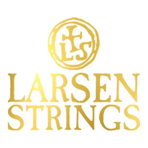 Larsen Strings logo with a circular gold emblem and text in gold.