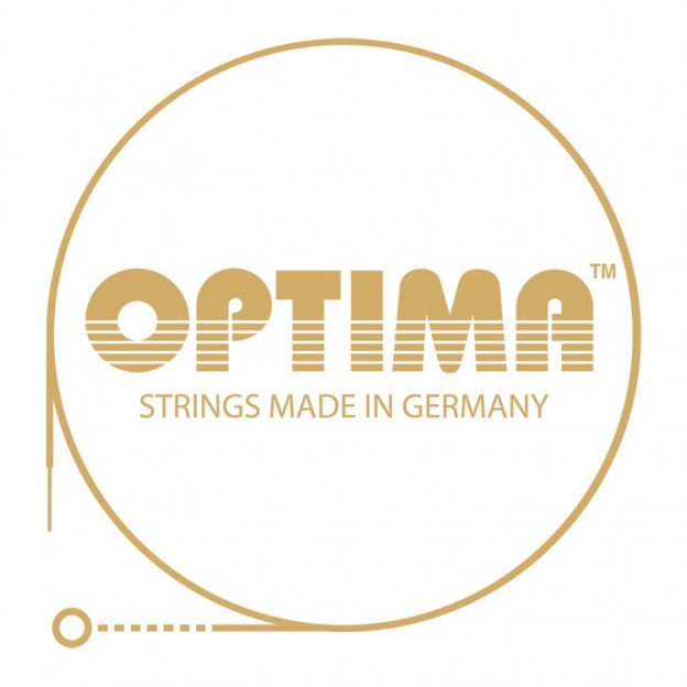Logo for Optima, a brand of strings made in Germany, featuring a gold circular border and gold text on a white background.