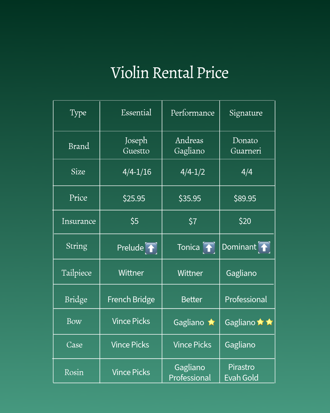 A table of violin rental prices comparing different brands, sizes, prices, insurance costs, and violin components.