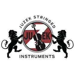Logo of Juzek Instruments featuring two black lions holding a violin with a red circle behind it, and the brand name in bold red letters.