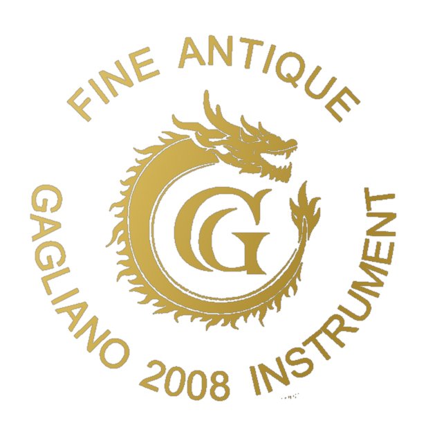 Logo with a dragon encircling a large letter 'G', surrounded by the text 'Fine Antique Gagliano 2008 Instrument' in gold.