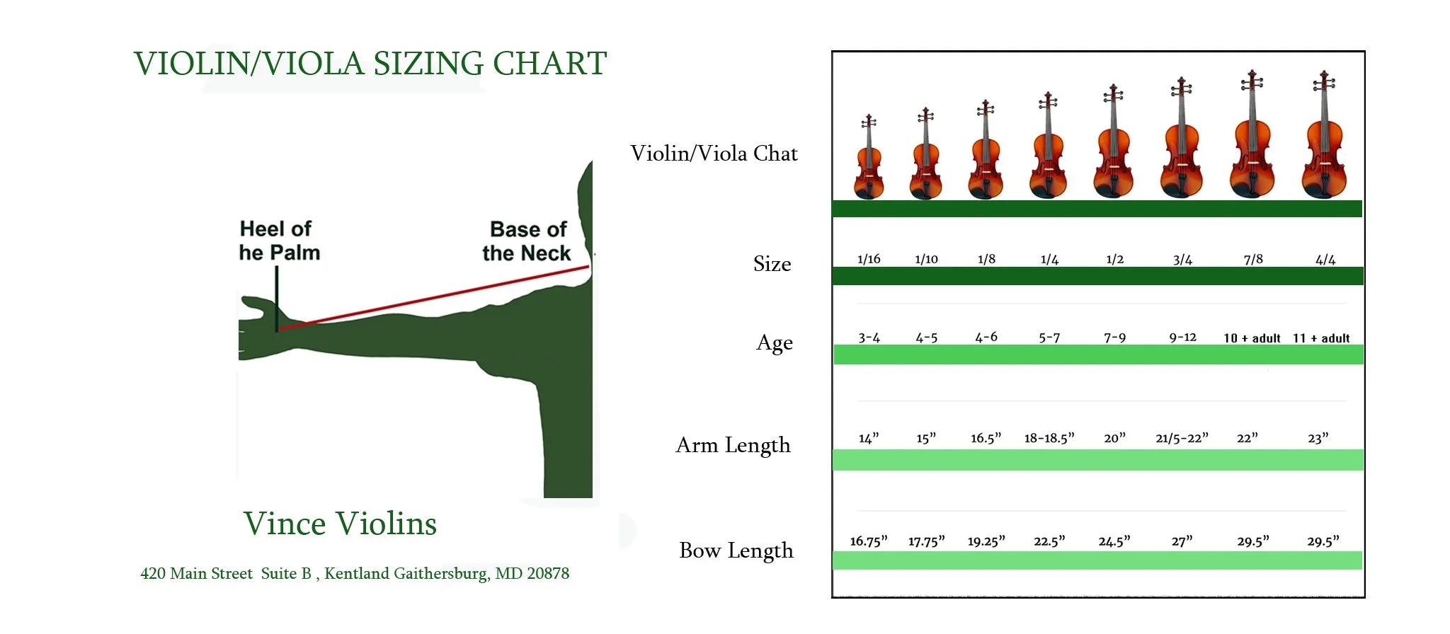 Chart comparing violin and viola sizes, showing head-to-base length, age ranges, and bow lengths, with a row of violin images at various sizes.