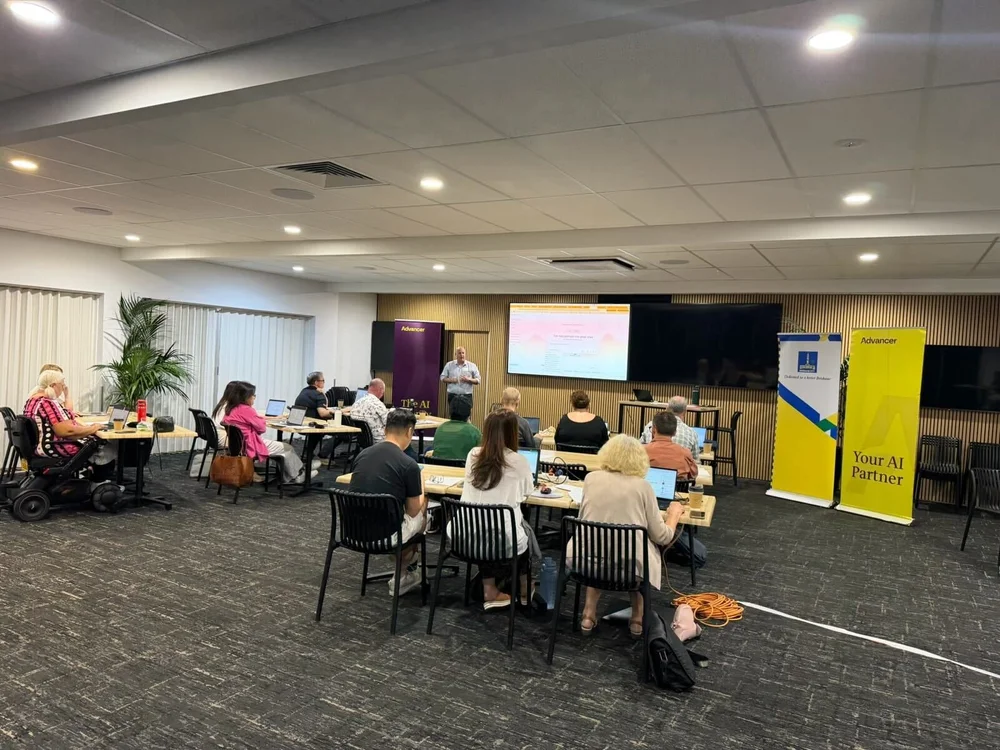 Advancer AI Masterclass — presenter on stage