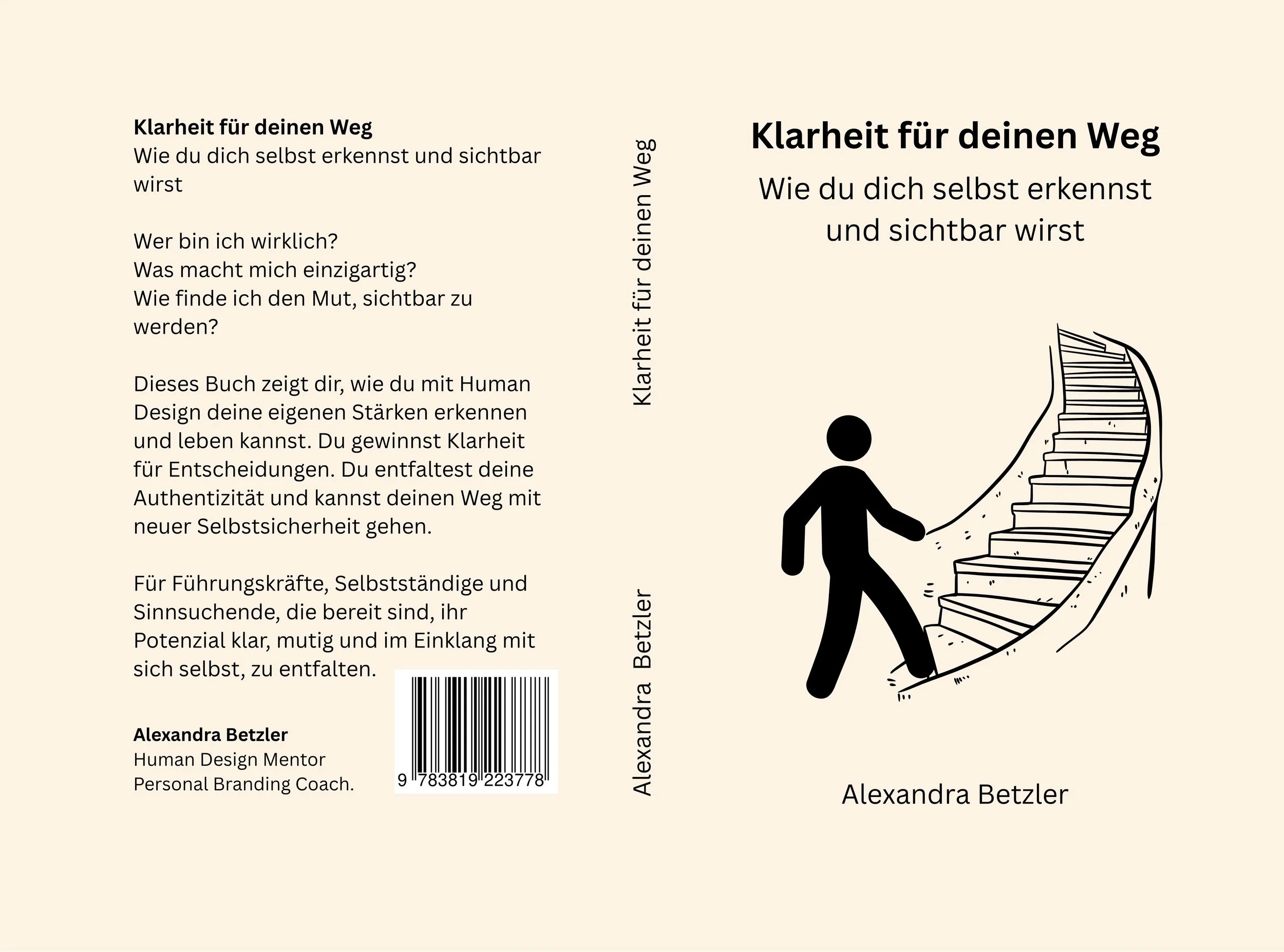 Buchcover ‚Klarheit für deinen Weg‘ von Alexandra Betzler – symbolische Darstellung eines Menschen auf einer Treppe als Sinnbild für persönliche Entwicklung und Klarheit.