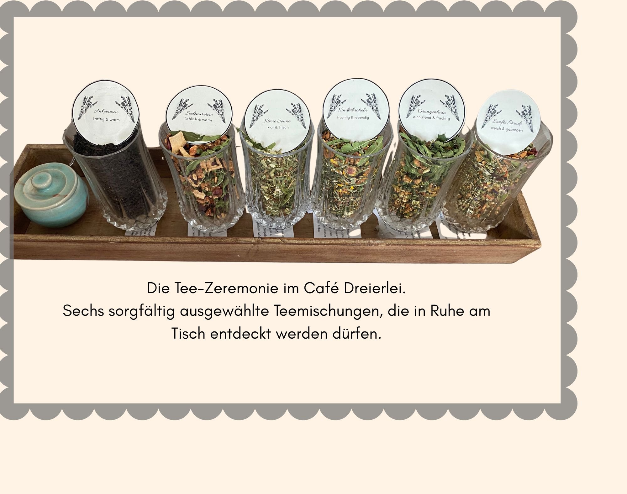 Tee-Ritual mit sechs losen Teemischungen im Café Dreierlei