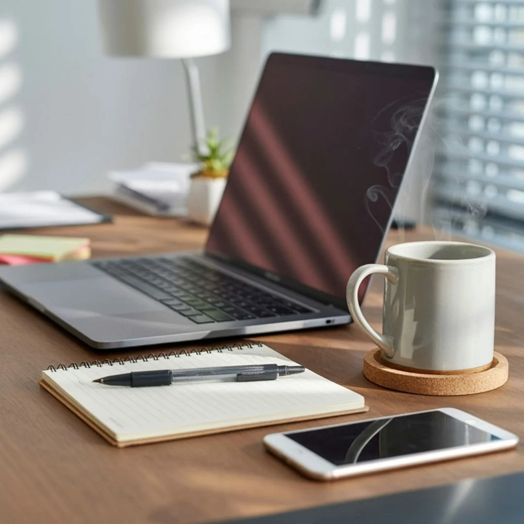 Aufgeräumter Schreibtisch mit Laptop und Tasse · Symbol für klare Strukturen im Beruf