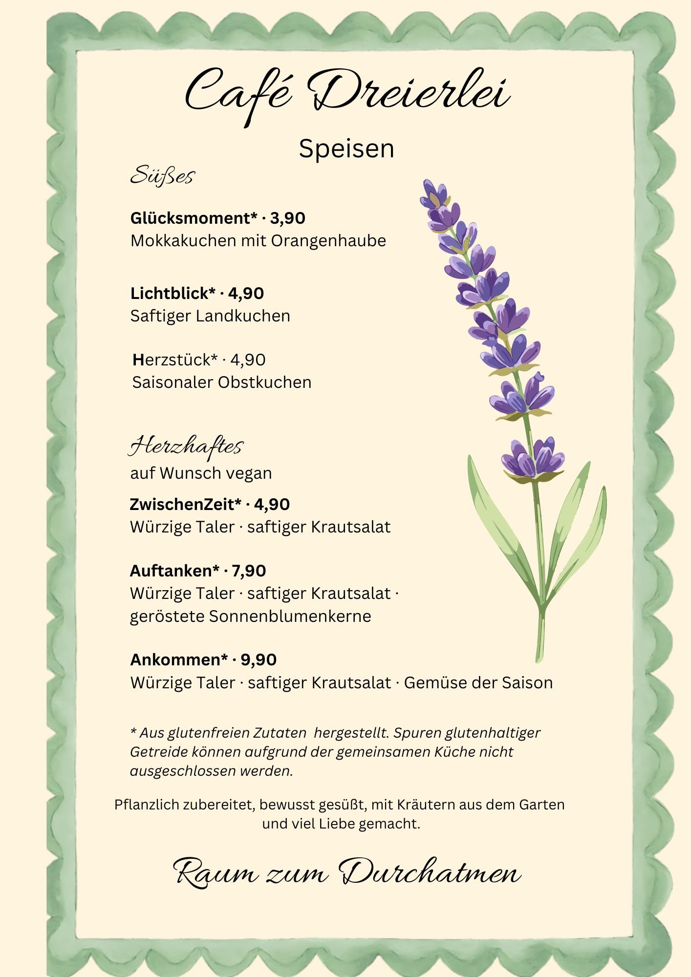 Café Dreierlei · Speisekarte mit veganen Angeboten aus glutenfreien Zutaten