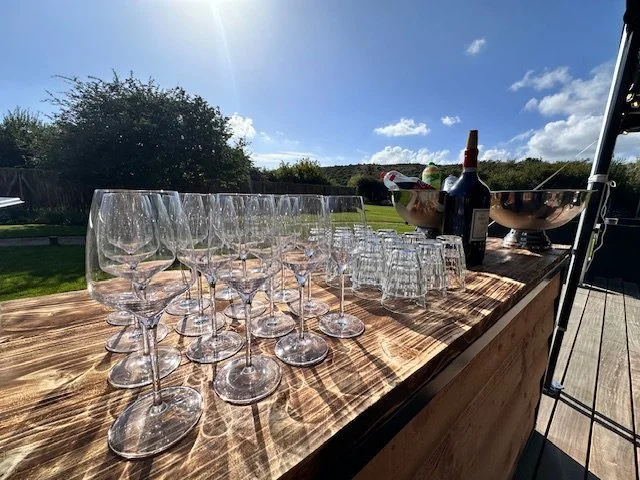 A wooden table outdoors with empty wine glasses, two wine bottles, a wine opener, and bowls, against a backdrop of a clear blue sky, trees, and a grassy field.