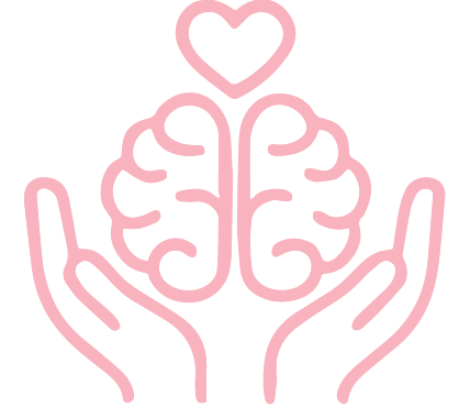 Illustration of hands holding a brain with a heart above it, outlined in pink.