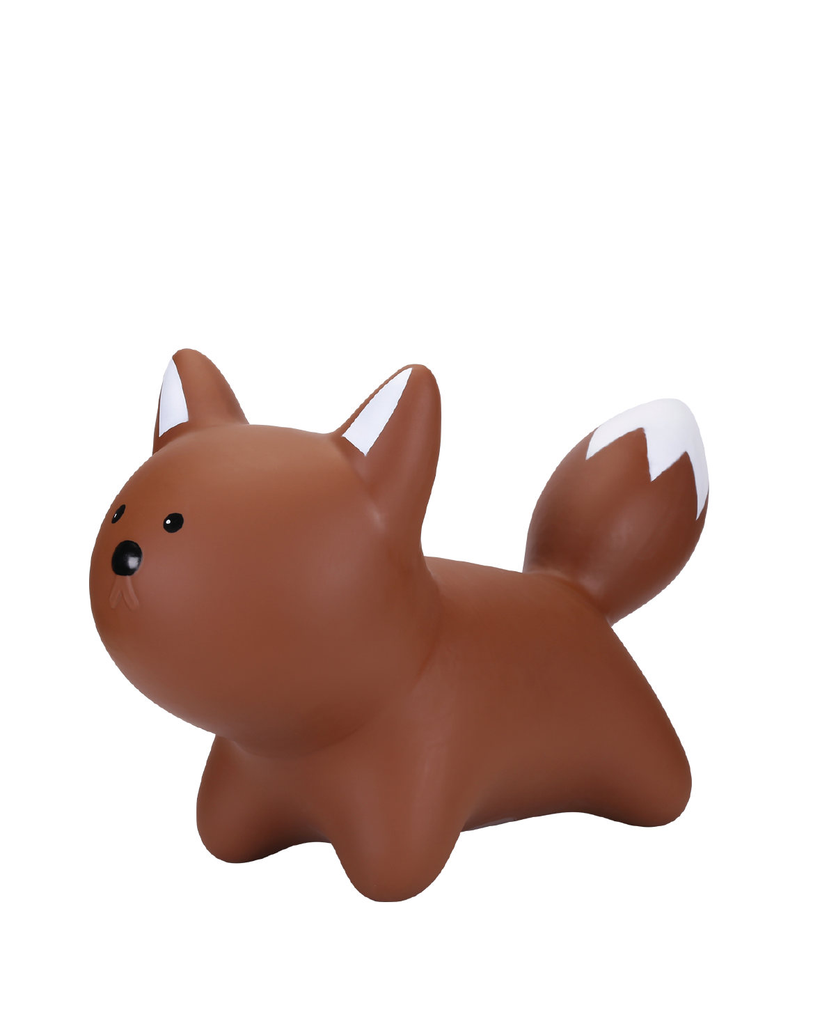 A cute, cartoon-style figurine of a fox with brown body, white-tipped tail, and a round face with simple black eyes and nose, set against a plain white background.