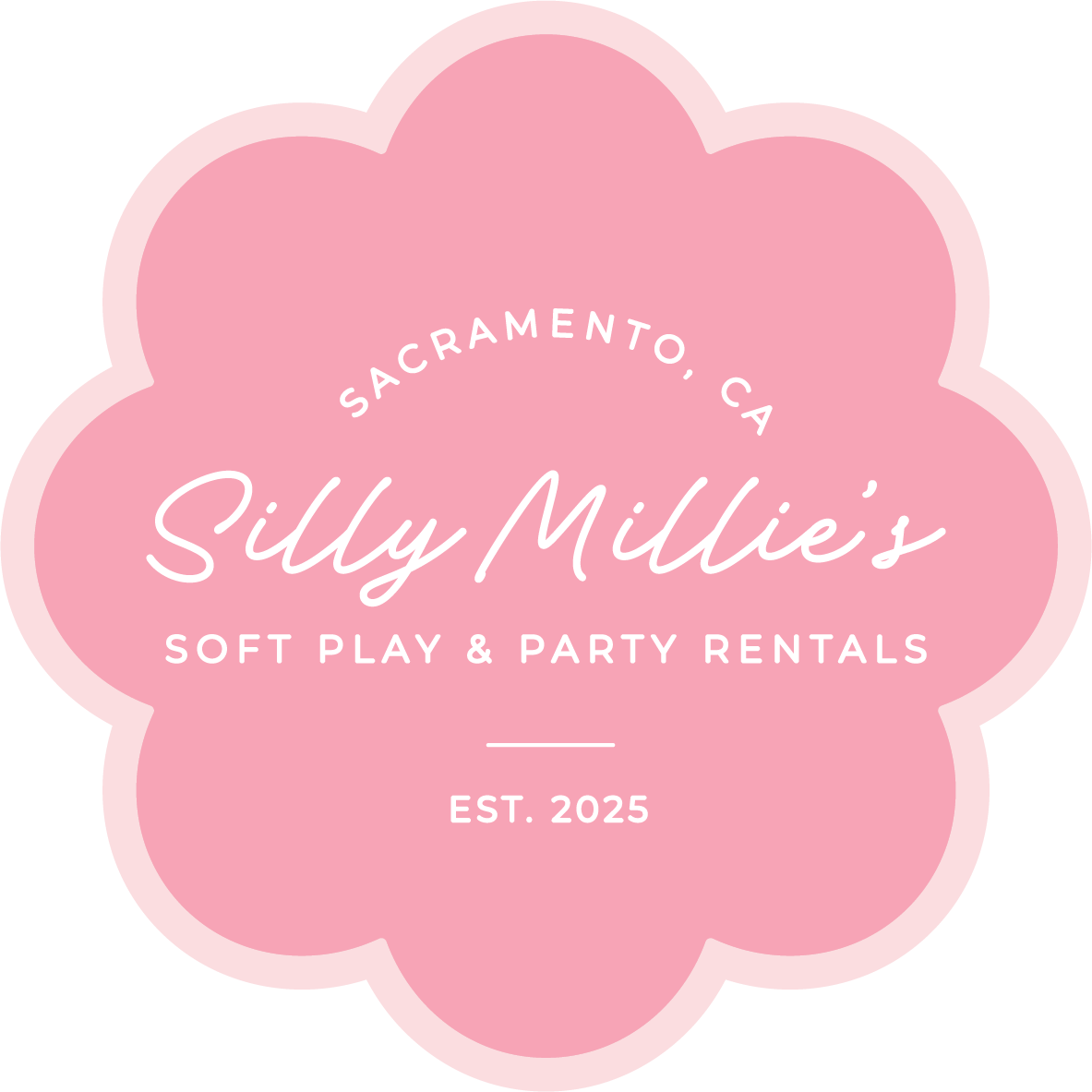 Pink cloud-shaped logo for Silly Millie's, a soft play and party rental business in Sacramento, California, established in 2025.