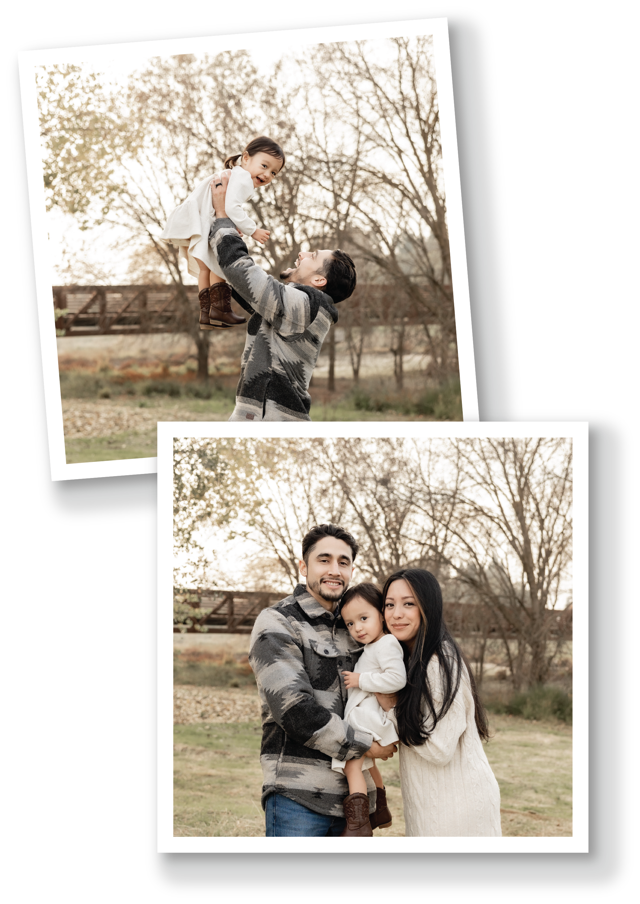 Family of four enjoying outdoor fall day, man lifting young girl, woman holding same girl, trees with bare branches in background.