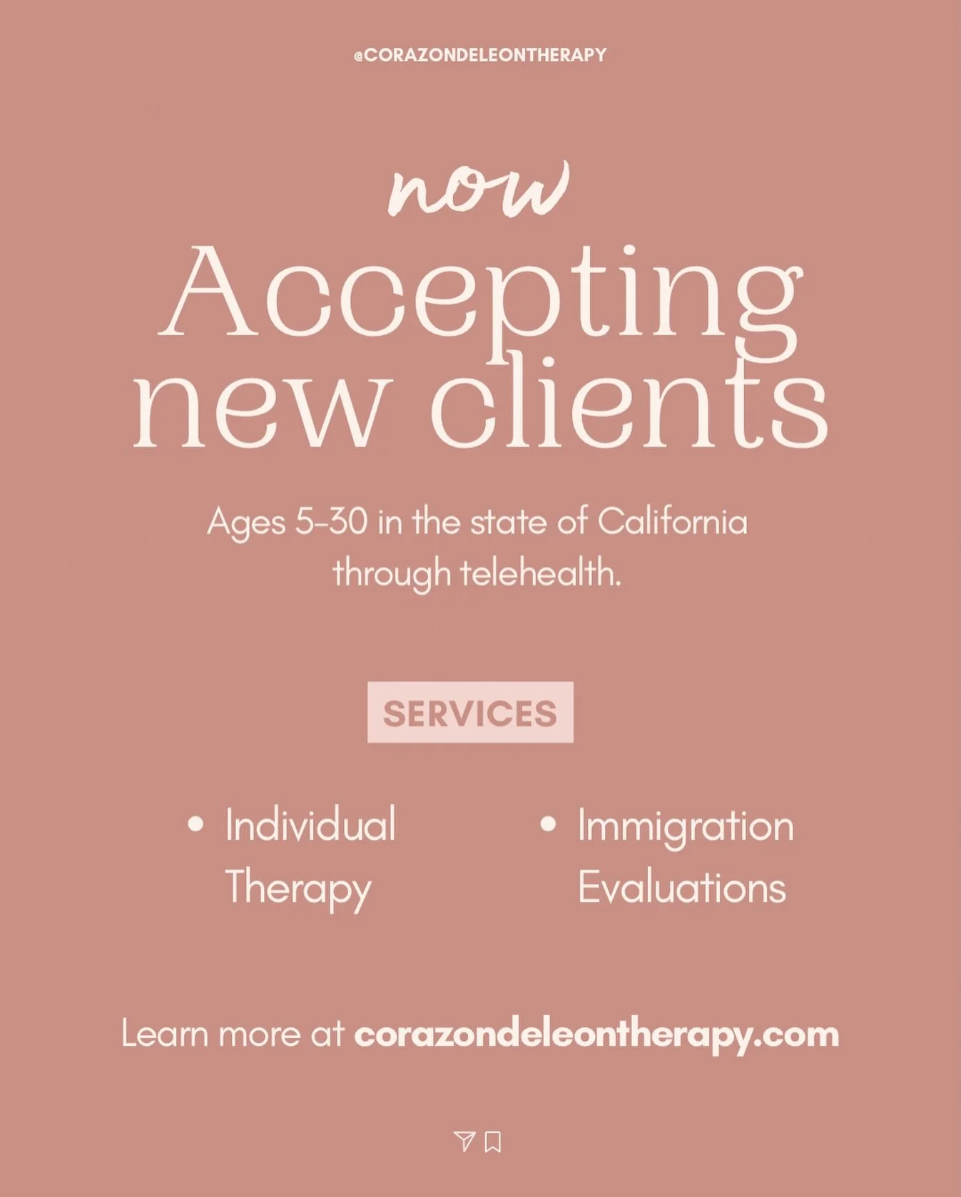 📣 Now Accepting New Clients in the state of California 💻

Services: 
✨Individual therapy 1:1
✨Immigration Mental Health Evaluations 

Now Booking | Schedule your 🆓 consultation call 📱 

Click on the link in the bio to navigate our website for mor