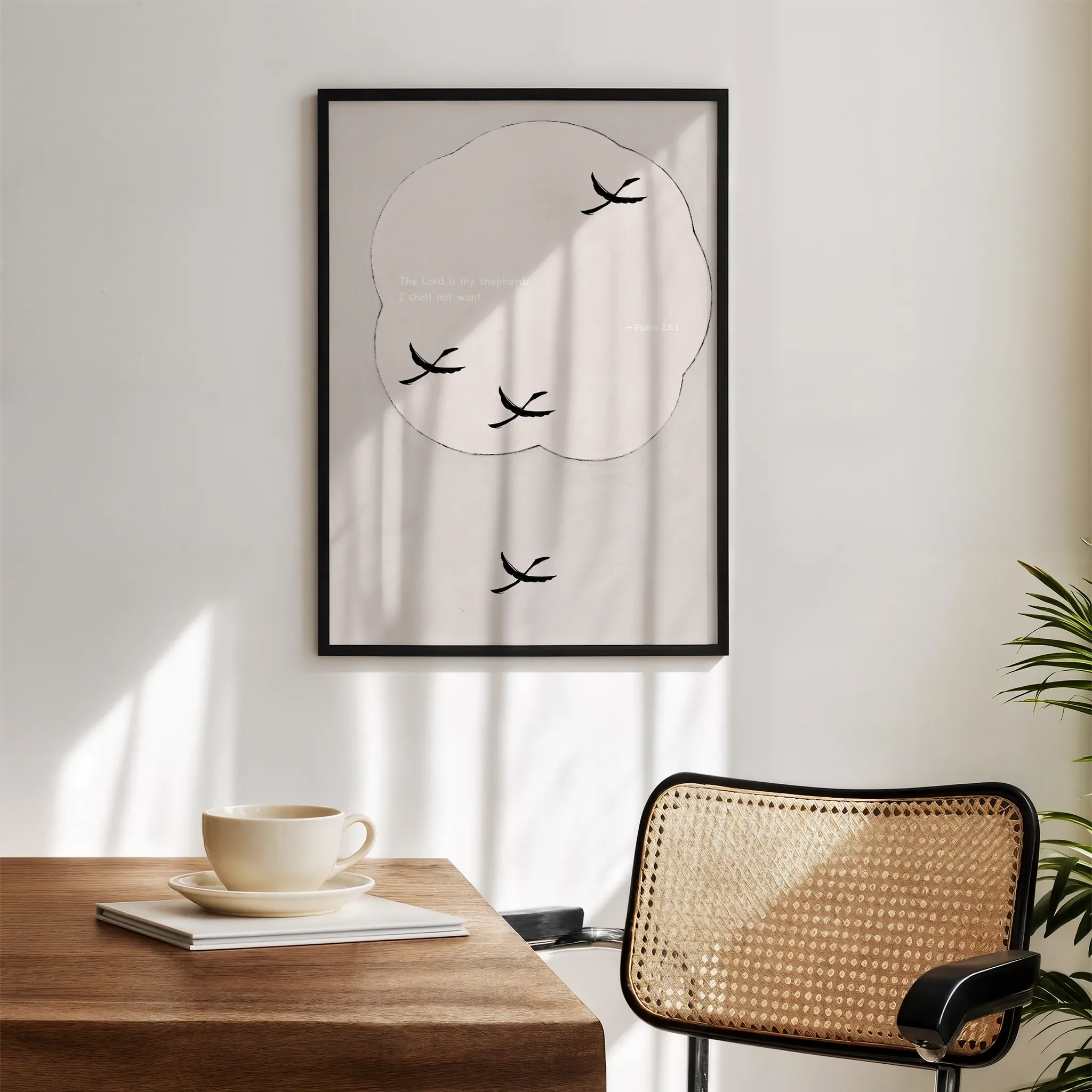Displayed in a modern living room with a white wall and wooden furniture.