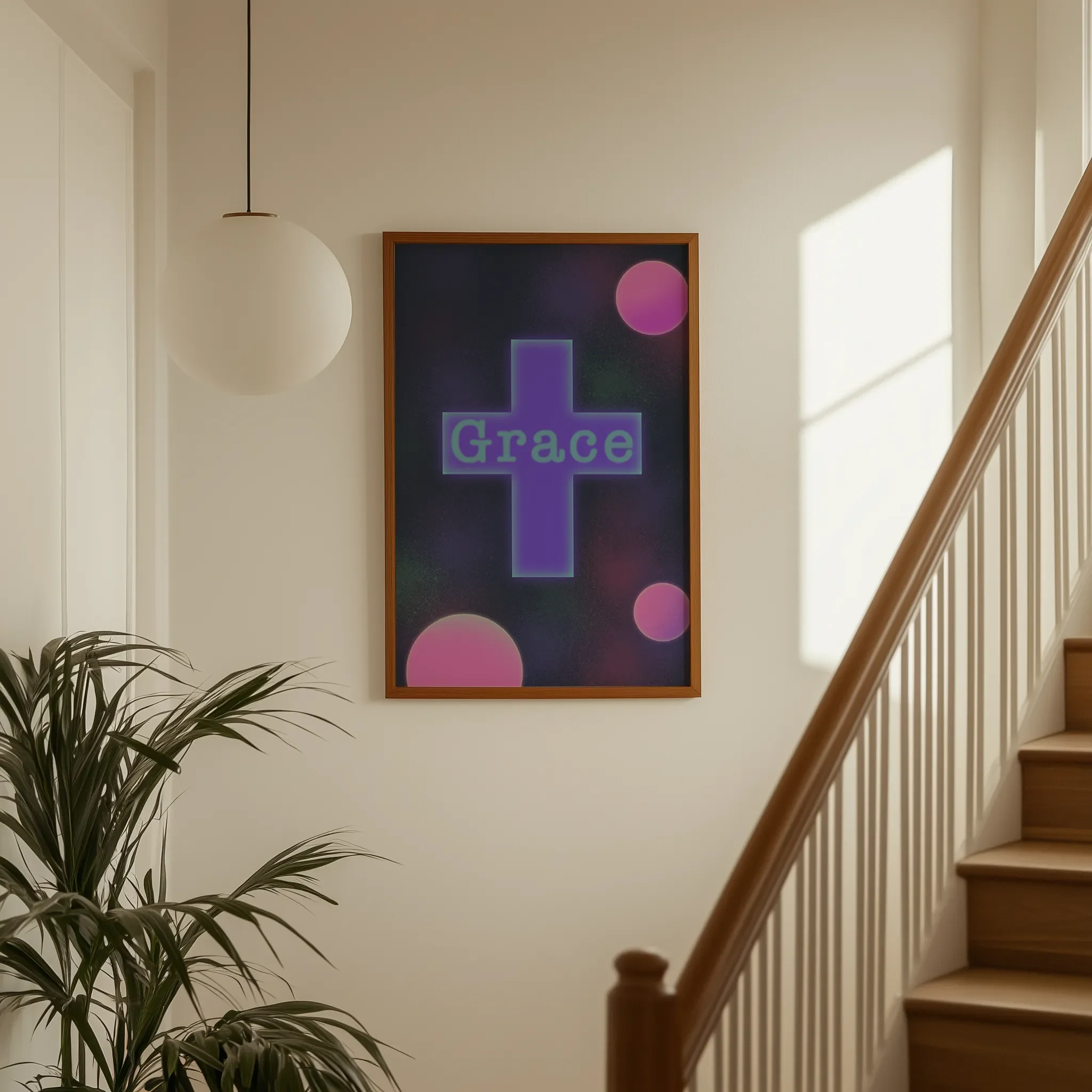 Displayed on a hallway wall near a staircase with directional natural light.