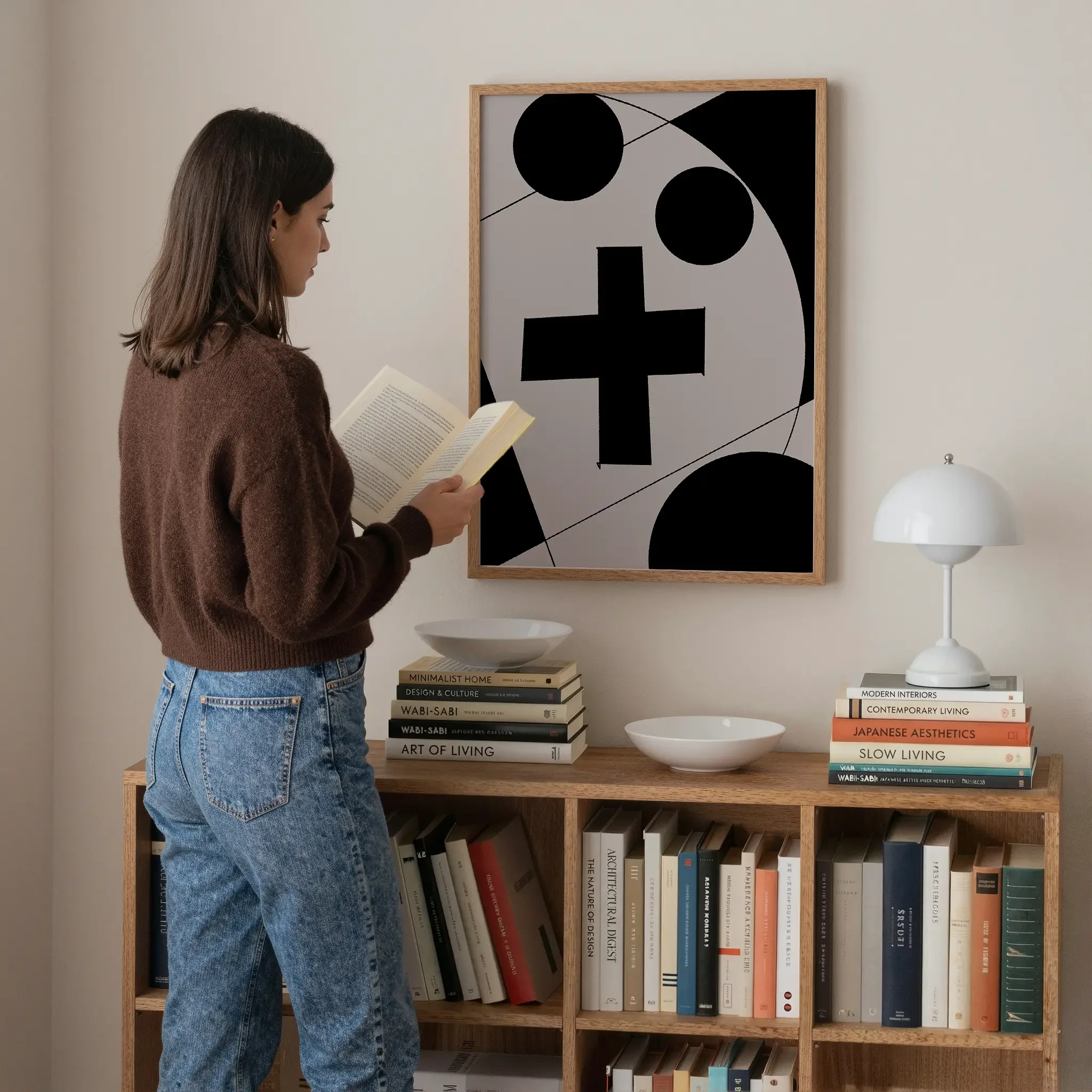 A Christian wall art print featuring cross art poster geometric minimalist design, shown above a bookshelf with a person reading nearby.