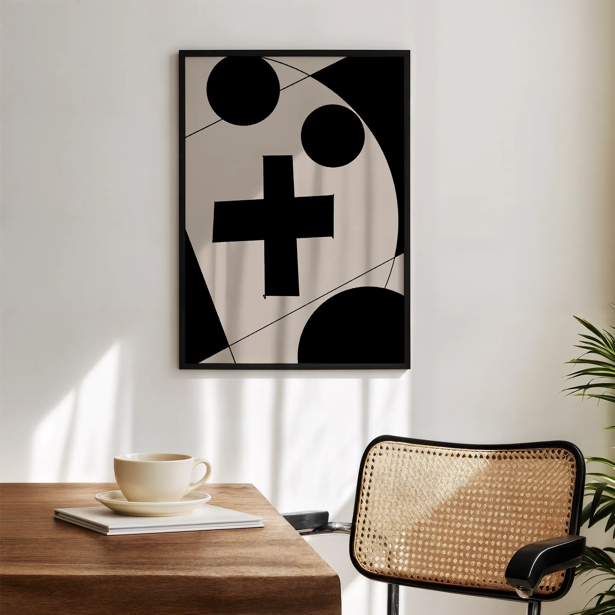 Displayed in a modern living room with a white wall and wooden furniture.